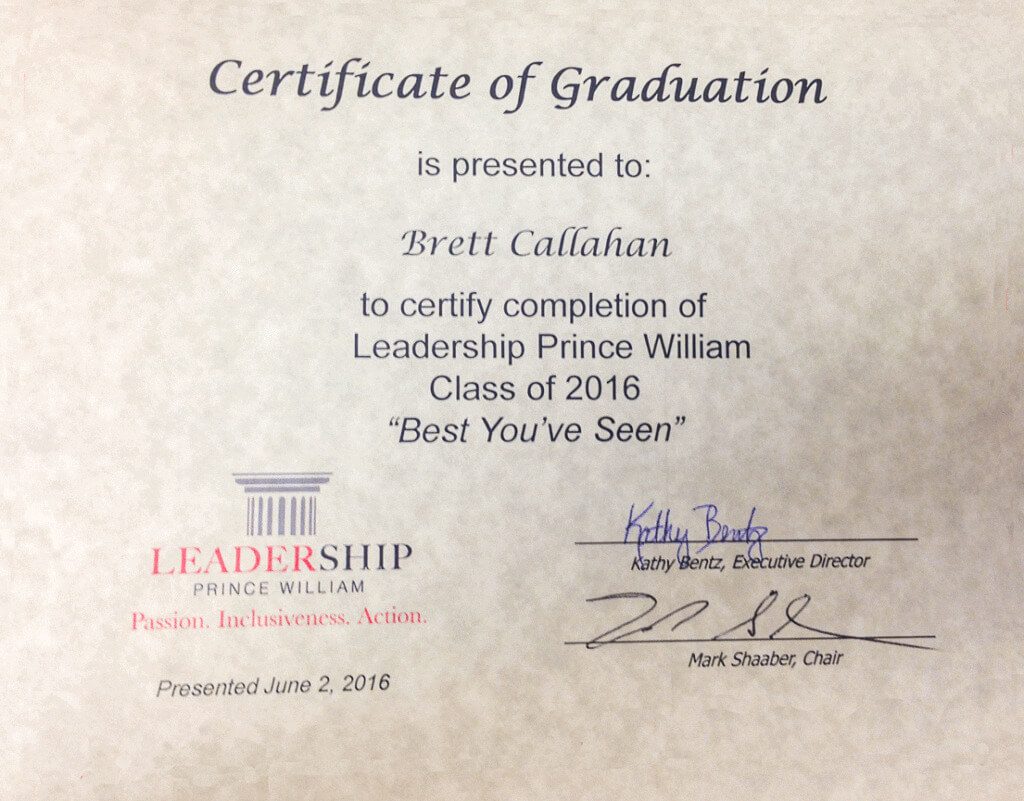 Leadership Prince William Honors Brett Callahan with Graduate Certificate